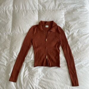 Abercrombie Ribbed Zip-Front Long Sleeve Top in Burnt  Orange